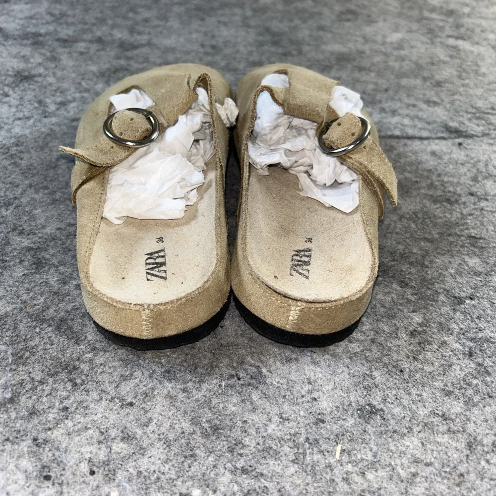 ZARA Kids Beige Suede Slip-On Clogs size 36/4 Leather Sliver Strap